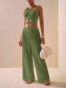 Zivah 2025春夏新款优雅度假休闲通勤母亲节婚礼季音乐节派对街头俱乐部白色纹理面料单肩扭纹细节腰部镂空上衣与阔腿长裤带口袋两件套 - 軍綠色 - 查看 8