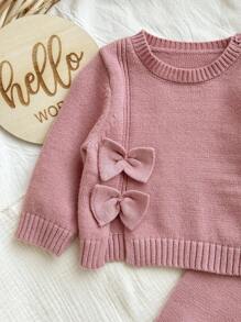 SHEIN Set da neonata con cardigan rosa con fiocco e pantaloni in vita elastica, per autunno/inverno