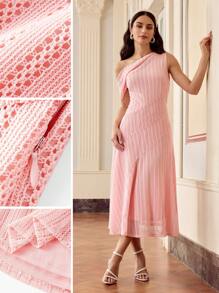 ZEYLAH 纯色网眼针织翻领不对称肩部喇叭下摆长连衣裙 - 粉色 - 查看 7