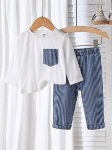 SHEIN 2pcs/Set Baby Boy Long Sleeve T-Shirt & Casual Pants Outfit, Autumn - Multicolor - View 1