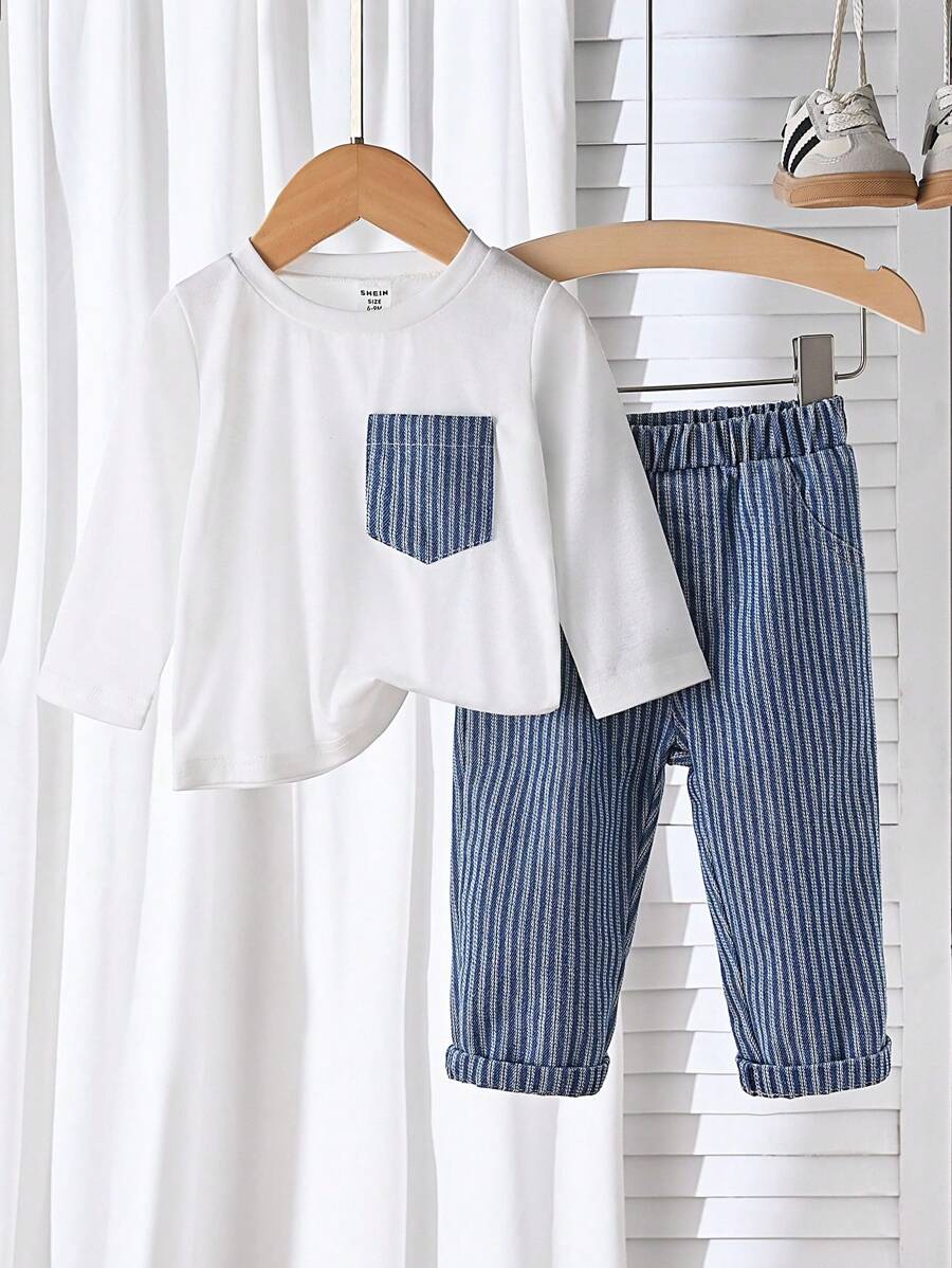 SHEIN 2pcs/Set Baby Boy Long Sleeve T-Shirt & Casual Pants Outfit, Autumn - Multicolor - View 1
