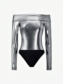 Avenne Body de manga larga con cuello alto estilo Y2K plateado brillante para mujer, elegante y sexy, para otoño/invierno