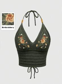 ROMWE Hippie 优雅花卉蜜蜂刺绣吊带针织上衣，可爱清新，适合度假穿着