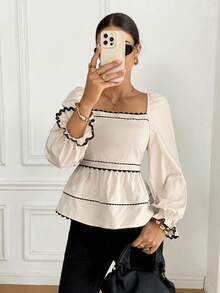 Serisse 女士法式休闲通勤方领拼接荷叶边下摆衬衫，适合秋季、冬季穿着，四季皆宜，适合办公室休闲穿着，法式风格，商务休闲女装，优雅，通勤，简约，办公室，复古，简约，商务休闲女装，国庆节，新年女装，感恩节衬衫 - 彩色 - 查看 5