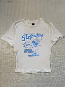 Attitoon Casual Retro Style Vacation Cocktail Graphic, Vintage Letter Graphic, Vacation Style Cocktail, Cocktail Party, Fitted Women Short Sleeve Crew Neck T-Shirt, Suitable For Summer Vacation Suitable For Going Out - White - View 3