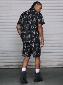 AXEPEAK Herren Set aus Hemd mit Ochsenmuster und Shorts - Schwarz - Übersicht 2