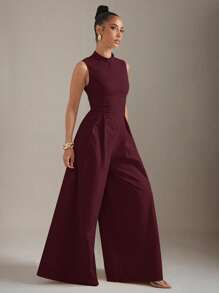 Bộ đồ liền thân không tay có khóa kéo phía trước ống rộng cực chất - Màu Đỏ Sâu - Xem 3