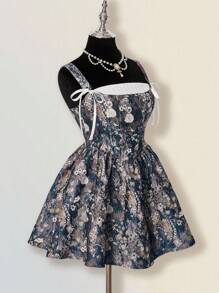 SHEIN ICON Robe camisole de mode à jacquard floral avec nœud devant et froncée