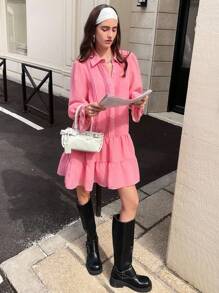 Chiquease 2-in-1 Hemd/Langarmkleid, vorne plissiert, Hemdkragen, bestickter Ärmel Manschetten Dekor, einfarbiges Bürokleid - Heißes Pink - Übersicht 4