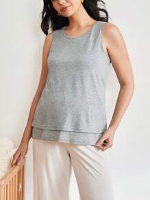 BloomMama Maternity Solid Color Round Neck Nursing Camisole Loungewear - Grey - View 4