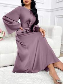 Veilorie Women Elegant Solid Color Twist Waist Flare Sleeve Arabic Style Dress, Autumn Long Evening Dresses, Modest