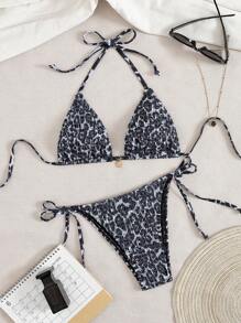 Swim Vcay 女士海滩性感度假豹纹抽绳、颈带、后带、三角袋、裤子、侧结两件套泳衣比基尼套装 - 彩色 - 查看 1