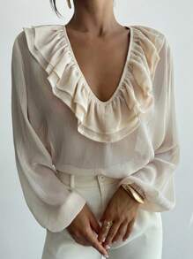 Firerie 女士优雅浪漫休闲百搭宽松深 V 领荷叶边长袖衬衫，适合秋夏季 - 黃色 - 查看 3