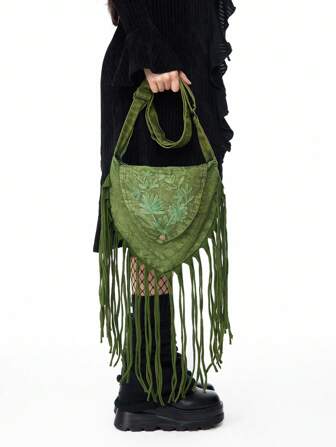 Fairycore Bolso bandolera con bordado de plantas, estilo hippie y de desperdicio, para festivales de música, viajes y paseos por el campo y el bosque, hecho a mano con tinte aleatorio