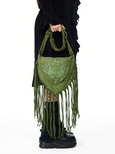 Fairycore Hippie Wasteland Stil Pflanzen Stickerei Quasten Umhängetasche, Musik Festival Wandern Reise einzigartiger Landstil Wald Elf Schultertasche, handgefertigt zufällig gefärbt