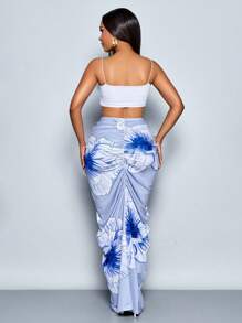 SOLERSUN Women's Elegant Tropical Print Pleated Hollow Out Fashion Metal Ring Buckle Niche Design Gathered Ruched Skirt - Blue - View 2