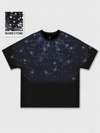 Grunge Punk Camiseta de manga corta con estampado de rhinestones, adecuada para uso diario de hombres