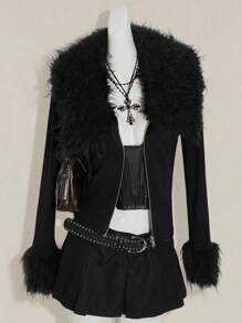 SHEIN CURVE+ Y2k 秋季西部风外出黑色拉链垃圾摇滚音乐会哥特纯色人造毛皮拉链拼布修身长袖夹克 - 黑色 - 查看 7