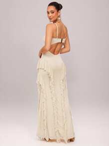 Silquee 红色纯色性感优雅细肩带多层荷叶边鱼尾露背金属纽扣 3D 花卉丝带连衣裙，适合鸡尾酒会、浪漫约会、针织网眼连衣裙、派对、正式聚会、伴娘迷你连衣裙、晚礼服、万圣节连衣裙、圣诞节连衣裙、超长连衣裙 - 杏色 - 查看 2