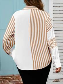 EMERY ROSE 女式加大码印花开衫 - 豹纹和条纹长袖拼布衬衫，2025 年秋季休闲罩衫 - 白色 - 查看 2