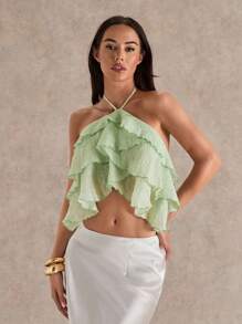 Glamine Women's Woven Embossed Green Multi-Layered Suspender Fashion Sexy Casual Summer Ruffled Top Suspender Top Resort Wear - Green - View 6