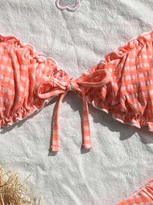 SHEIN Swim Mod Bộ bikini 2 mảnh vải họa tiết xếp nếp buộc nơ phía trước eo xếp ly dễ thương thời trang dự tiệc sinh động - Màu Cam san hô - Xem 5