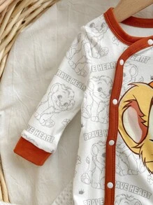 2 件装新生儿男孩可爱狮子卡通印花圆领斜襟连身裤和帽子套装，柔软舒适睡衣 - 米色 - 查看 3