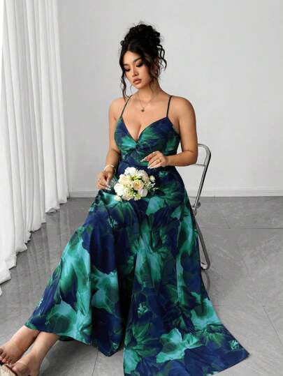 Elenzga Plus Size Women's New Floral Print Twist Front Tie Waist Design Slit Hem Dress, Suitable For Vacation And Dates