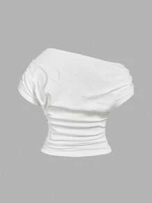 SHEIN MOD 大码女款黑白条纹纹理不对称肩部针织上衣，黑白条纹图案，收腰，褶皱侧袖，休闲时尚，夏季 T 恤