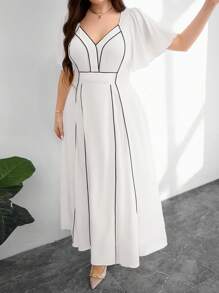 Modelyn Plus Size Women V-Neck Ruffle Sleeve Cinched Waist A-Line Dress - White - View 5