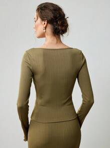 Uhlyne Uhlyne Top de base élégant et décontracté pour femmes, léger et confortable. Convient pour le style décontracté printemps, les week-ends, les trajets quotidiens. Minimaliste élégant pour le printemps et l'automne. - Vert olive - Voir 4