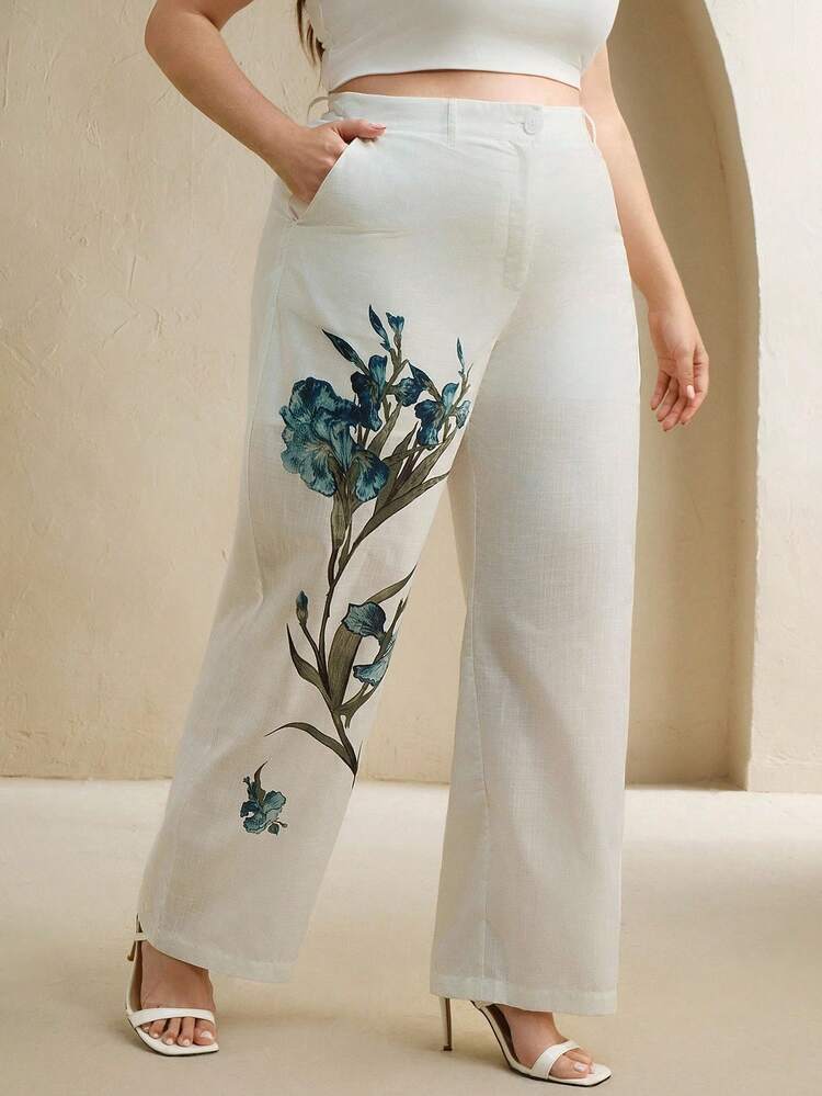 Plus Size Women's Elegant Sophisticated Patterned Pocket Suit Pants