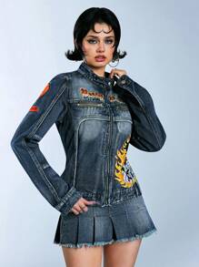Betty Boop | ROMWE Chaqueta y abrigo de mujer retro desgastado de estilo vintage para motero, columpio Betty - Azul - Ver 7