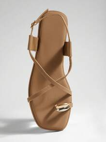 SHUZIA 女士时尚休闲方头系带人字凉鞋，镀金装饰 - 米色 - 查看 7