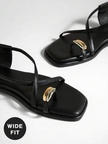 SHUZIA 女式宽版时尚休闲方头系带人字凉鞋，镀金装饰 - 黑色 - 查看 7