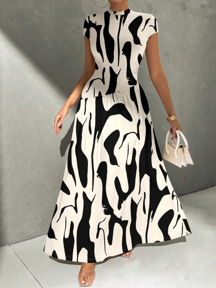 Firerie Lässiges, elegantes Maxikleid für Damen mit abstraktem Schwarz-Weiß Pinselstrich-Muster, asymmetrischer Taille, geeignet für Sommer, Party, Strand und Ausgehen