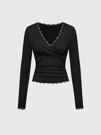 Grunge Punk Camiseta de manga larga con cuello en V, cordón y cintura elástica para damas sexy Y2K