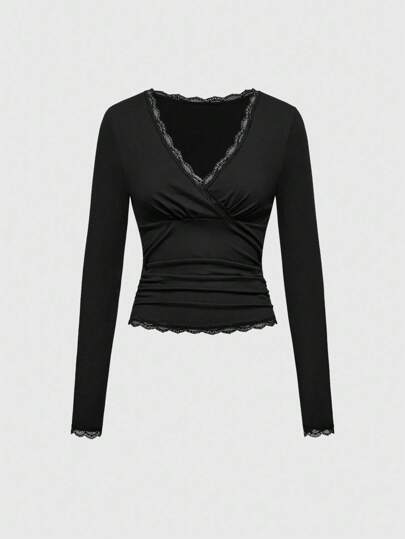 Grunge Punk T-shirt à manches longues avec encolure en V, taille à cordon et empiècement en dentelle, style sexy Y2K pour femmes