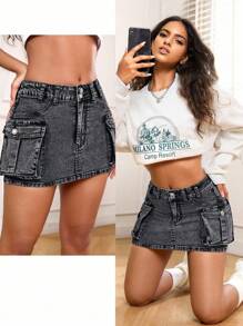 SHEIN PETITE 女式休闲水洗牛仔工装迷你裙，夏季 - 淺灰色 - 查看 3