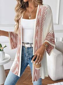 SHEIN Tall 女式条纹落肩宽松轻便开衫 - 卡其色 - 查看 6