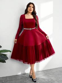Modelyn Plus Size Elegant Party Ruched Flare Sleeve Dress - Burgundy - View 7