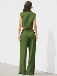 Aveloria Modichic Conjunto de traje de mujer con pantalón largo suelto y plisado, con bolsillo sin mangas y dobladillo asimétrico, elegante y versátil, diseño minimalista