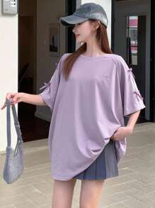 DAZY 女士丝带装饰蝴蝶结刺绣宽松短袖T恤超大T恤 - 紫色 - 查看 5