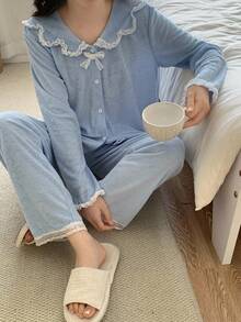 青少年女孩淺藍色純色寬鬆蕾絲飾邊蝴蝶結長袖上衣與長褲睡衣套裝，柔軟睡衣，秋季，仙女風，家庭套裝 - 淺藍色 - 查看 4