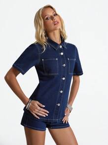 SHEIN Unity Plain Color Front Button Pocket Relaxed Short Sleeve Denim Jacket - Blue - View 5