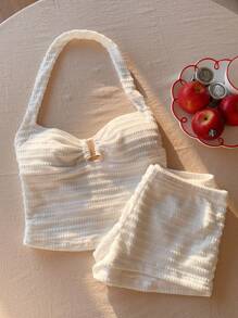 Comfortcana 女式纯色褶皱露背上衣和超短裤套装 - 白色 - 查看 3