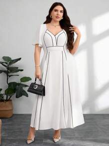 Modelyn Plus Size Women V-Neck Ruffle Sleeve Cinched Waist A-Line Dress - White - View 4