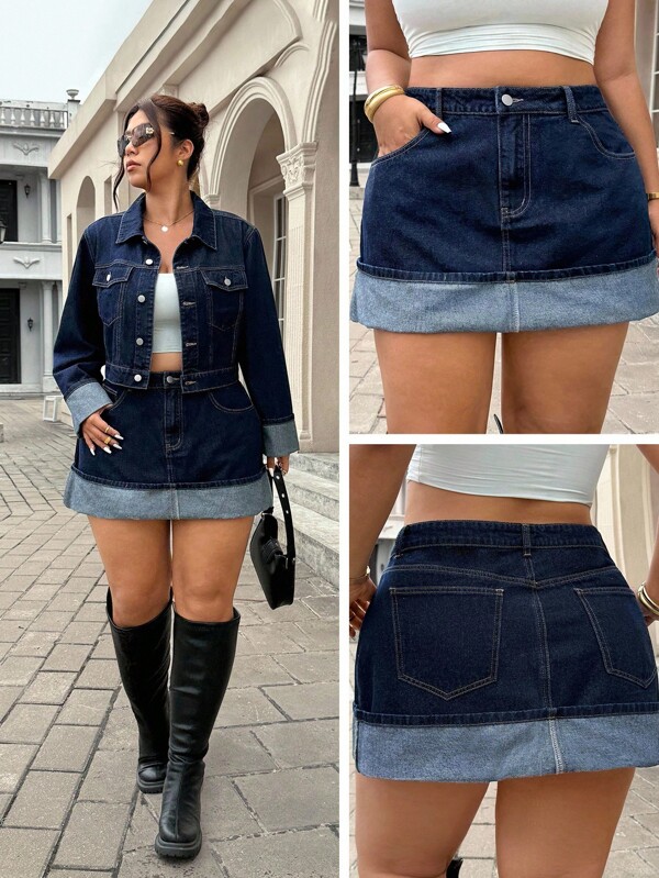 Jeanoix Falda vaquera de línea A de talle alto y silueta esbelta con bajo vuelto para tallas grandes