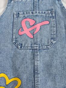 Girls Blue Washed Casual Loose A-Line Denim Dress, Adjustable Shoulder Strap, Sweet Heart & Colorful Floral Print, Versatile & Fashionable For Daily Wear