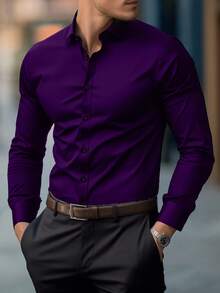 Manfinity Mode Áo sơ mi nam tay dài, cài khuy đơn màu trơn, màu tím, mùa thu - Màu tím - Xem 3